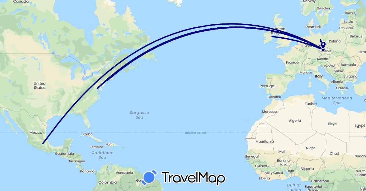 TravelMap itinerary: driving in Czech Republic, Germany, Ireland, Mexico, United States (Europe, North America)